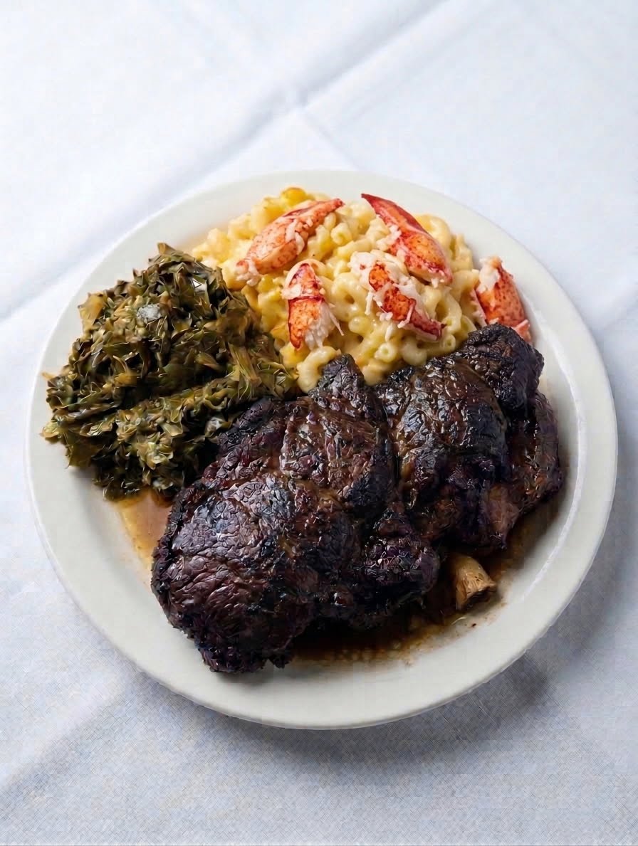 Braised oxtail, lobster mac & collard greens